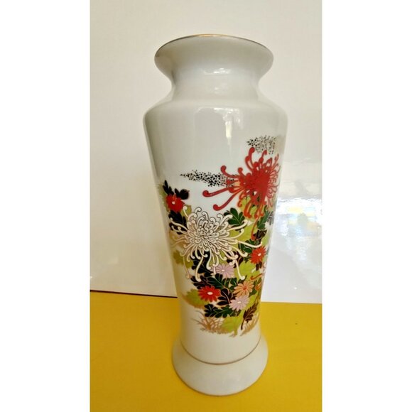Oriental Porcelain Vase 10" tall, Made in Japan Orange Floral - Picture 6 of 9